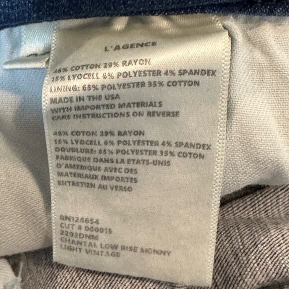 L'Agence Chantal Low Rise Skinny Medium Wash Cotton Blend Stretch Jeans 28 NWT - Picture 7 of 10